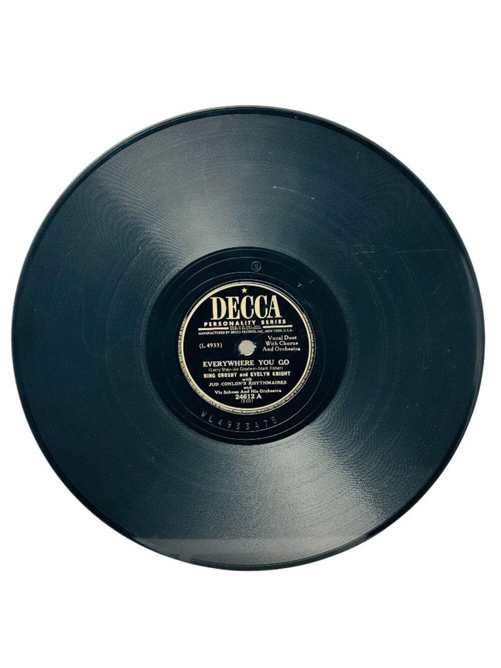 Bing Crosby and Evelyn Knight Everywhere You Go 10in Shellac 78 RPM Decca 24612